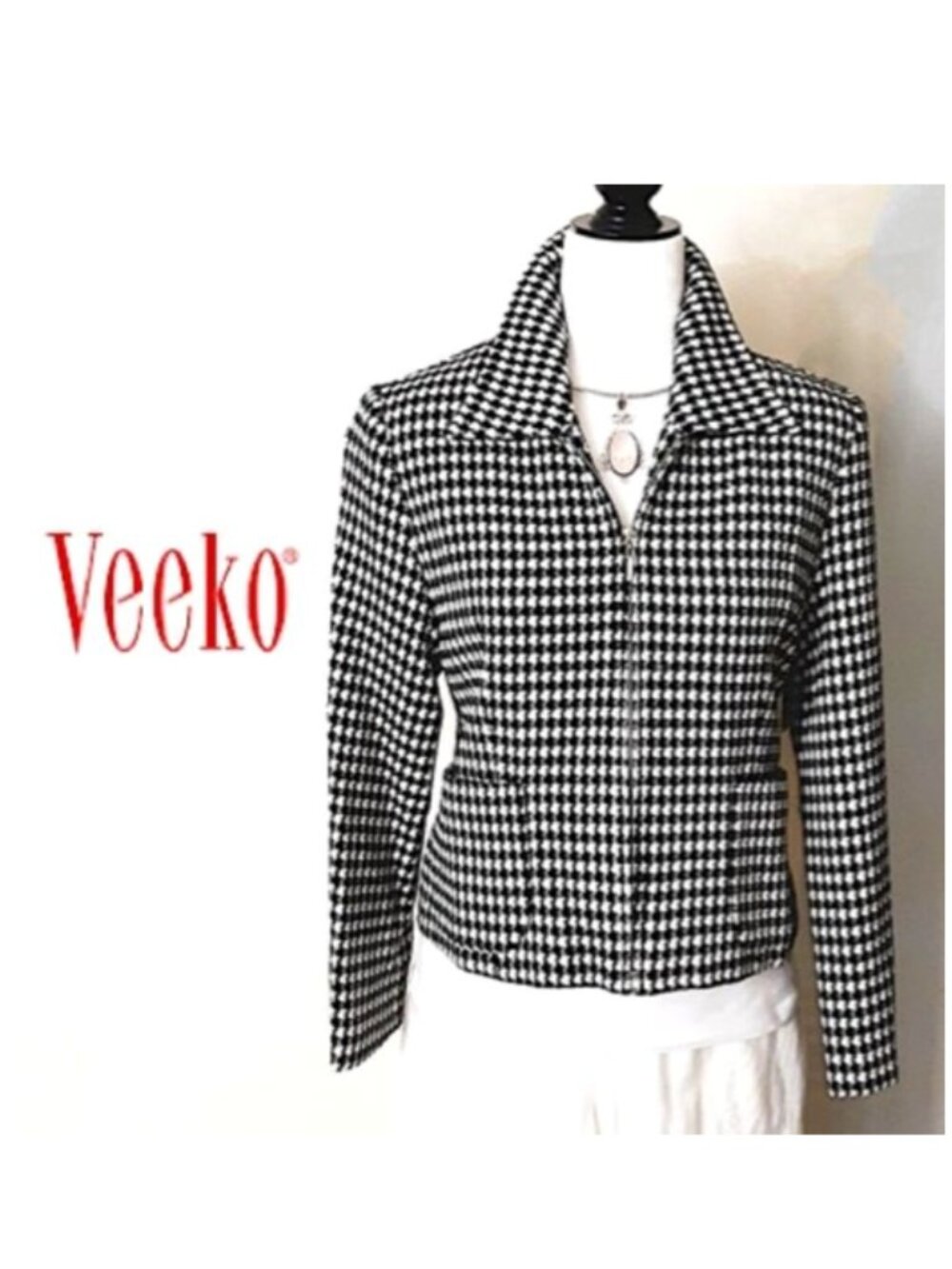 VEEKO Tweed Jacket Black/White Houndstooth Lining